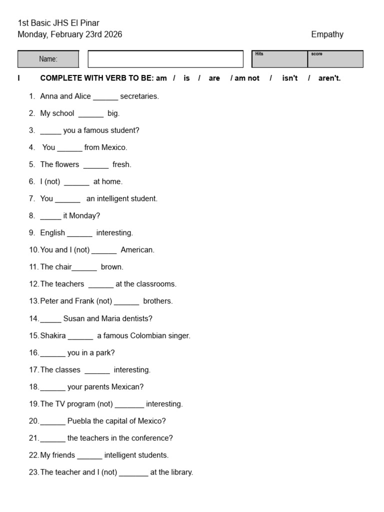 Azael Robles Fuentes - 1st Basic - Verb To Be - Aff - Neg - Int | PDF