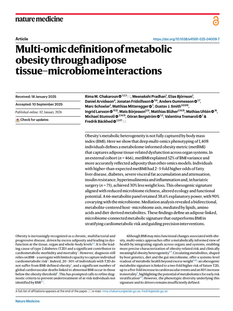 Multiomic Definition of Metabolic Obesity Through Adipose Tissue ...