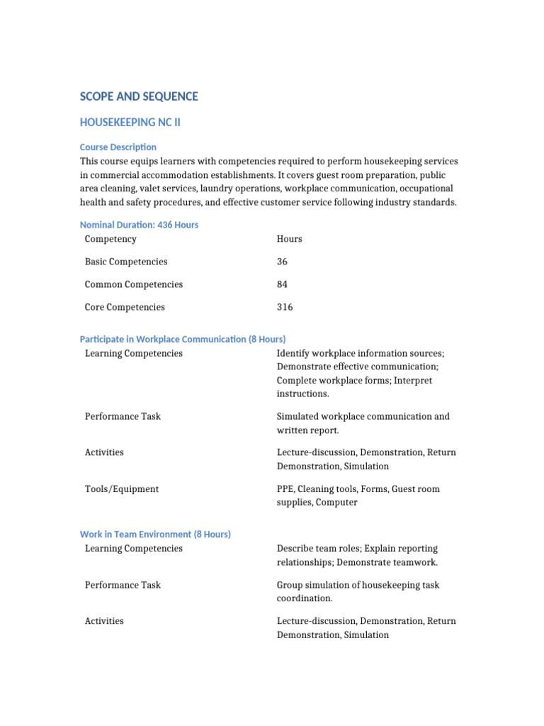Housekeeping NCII Scope and Sequence | PDF | Personal Protective ...