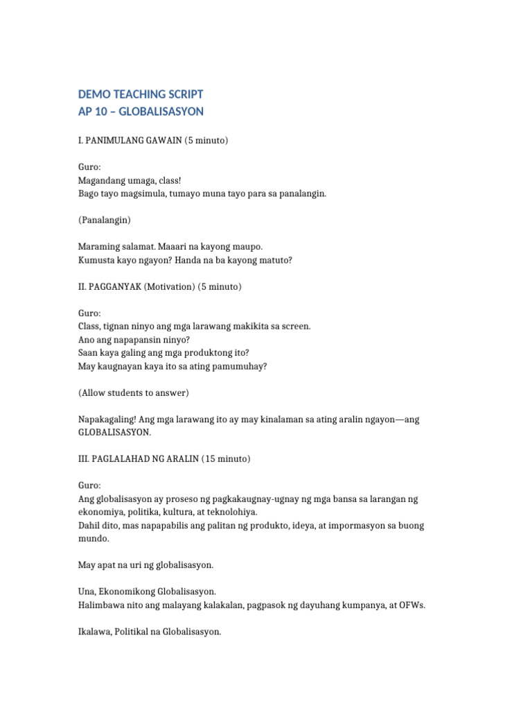 Demo Teaching Script AP10 Globalisasyon | PDF