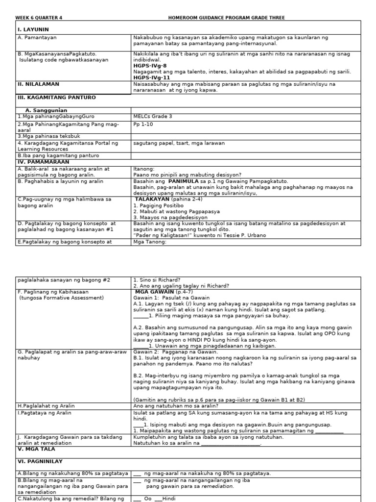 Week 6 Homeroom Guidance Lesson Plan For Grade 3 | PDF