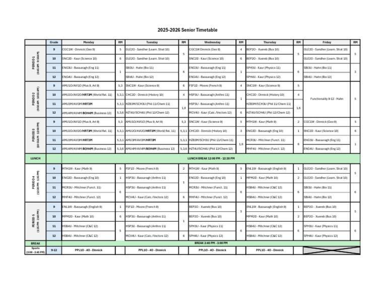 Senior Timetable 25-26 | PDF