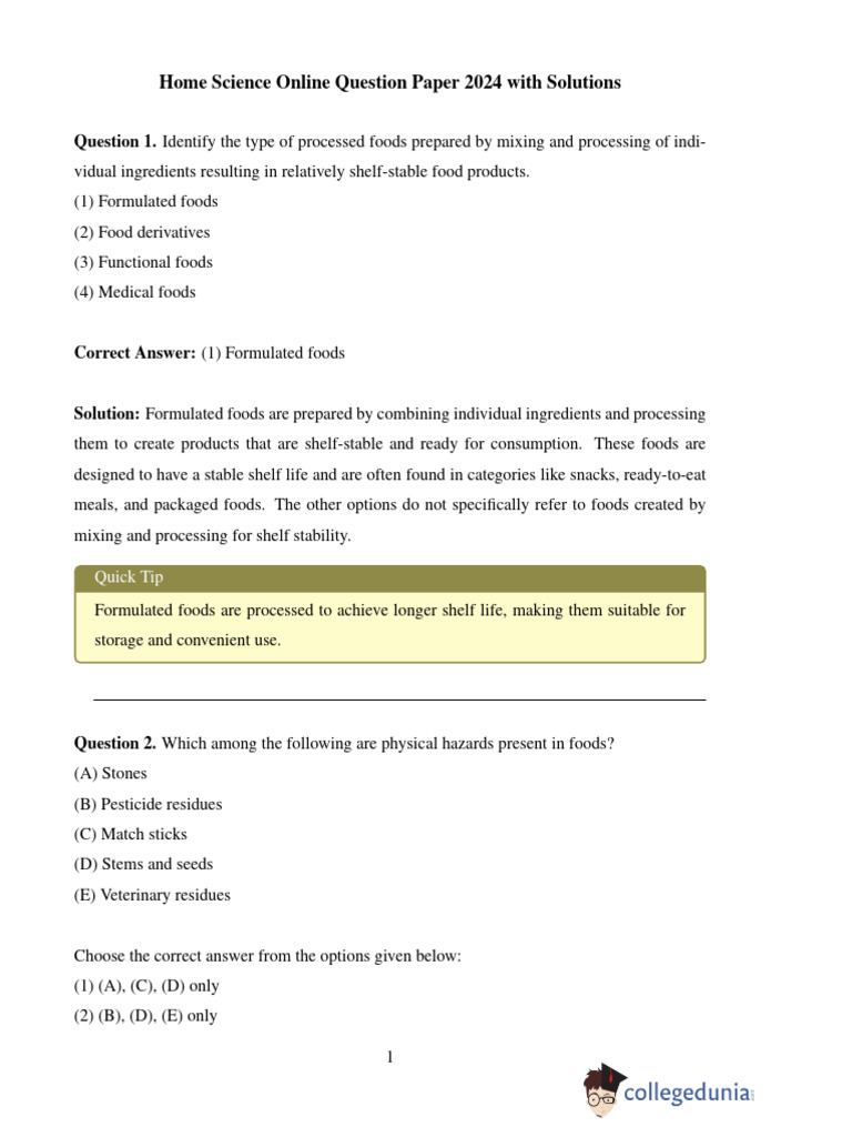 CUET Home Science Online Question Paper 2024 With Solutions | PDF | Hygiene