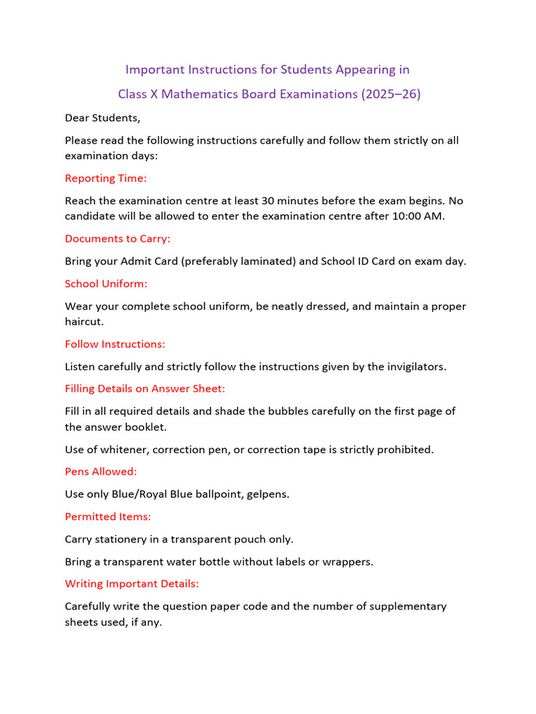 Important Instructions For Students Maths Exam | PDF