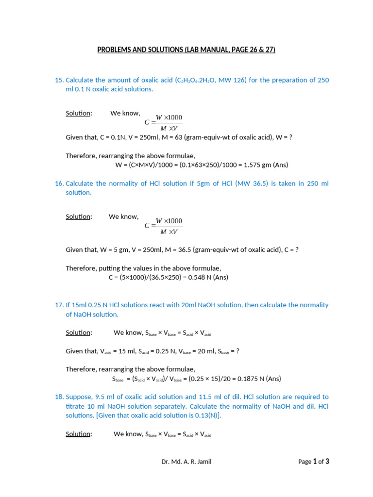 Selected Lab Problems & Solutions | PDF | Acid | Physical Chemistry