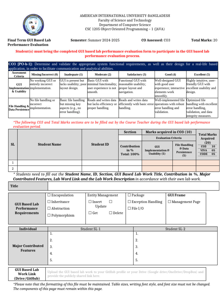 OOP1 Lab Performance Evaluation - CO3 - Summer 2024-2025 | PDF ...