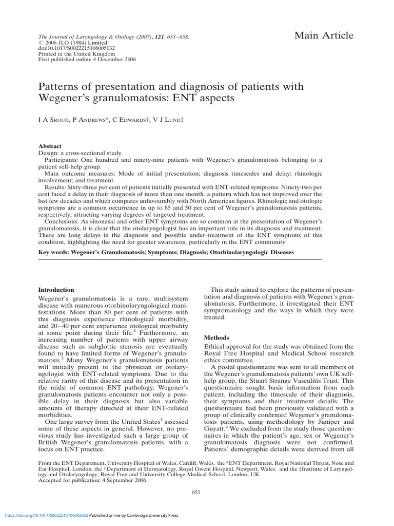 Patterns of Presentation and Diagnosis of Patients With Wegeners ...