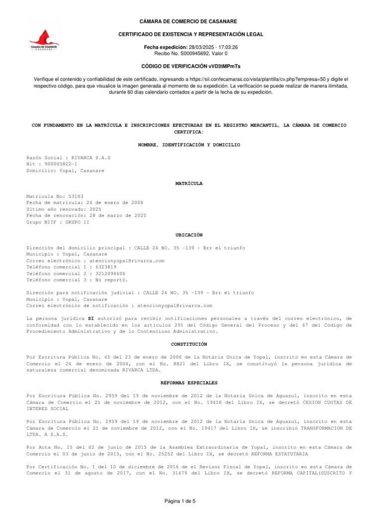 1. CERTIFICADO CAMARA DE COMERCIO | PDF | Sociedad de responsabilidad ...