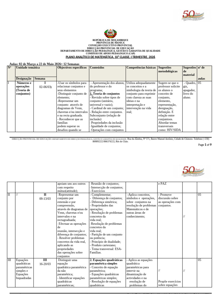 2026 Pa1 Mat 10 | PDF | Função (Matemática) | Equações