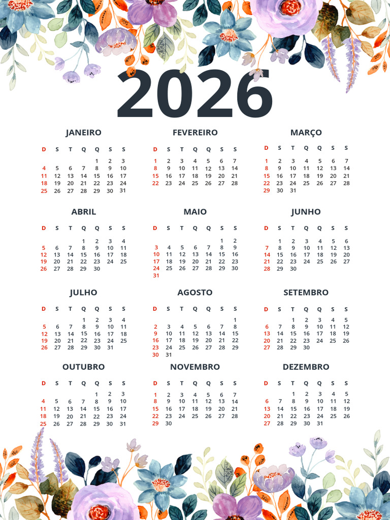 Calendário A4 2026 Ilustrado Com Borda Floral Colorida | PDF