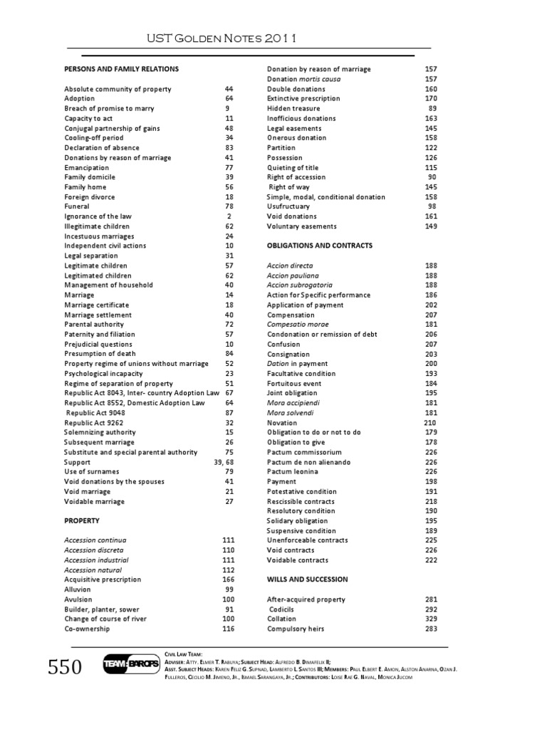 UST Golden Notes 2011: Civil Law Guide | PDF | Tort | Will And Testament