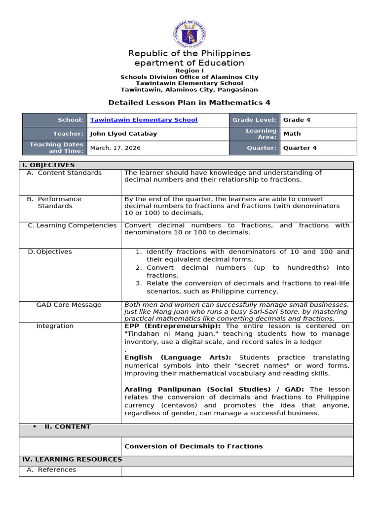 DLP For Demo Teaching Math 4 | PDF | Decimal