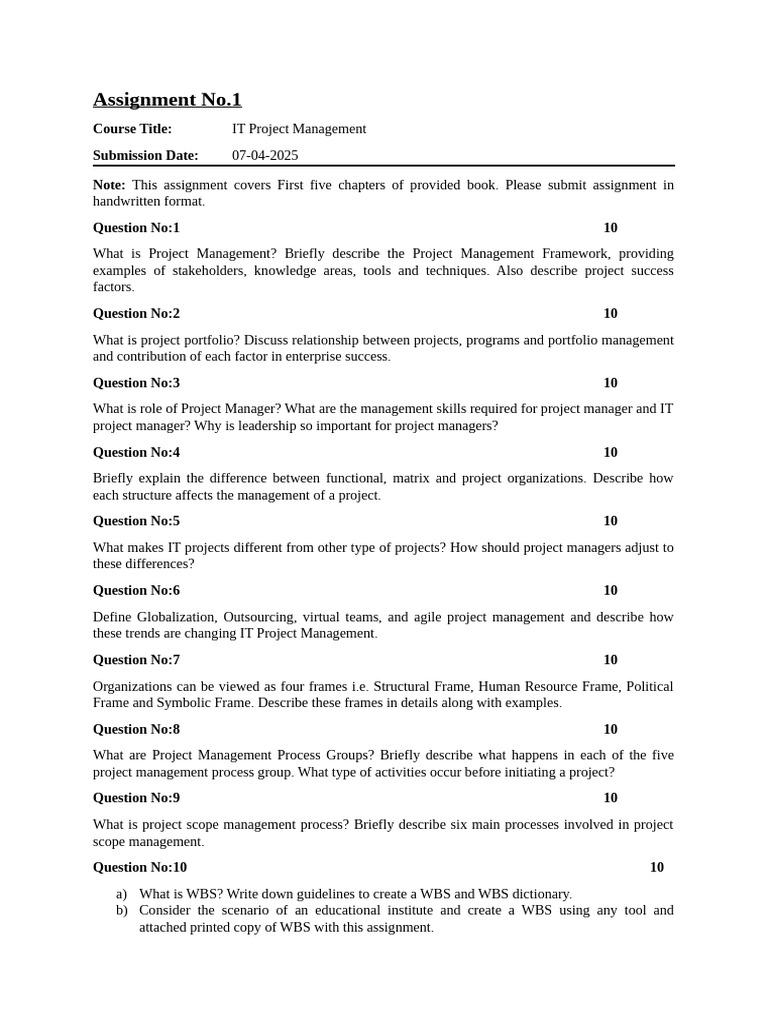 Assignment No. 1 ITPM | PDF | Project Management | Leadership