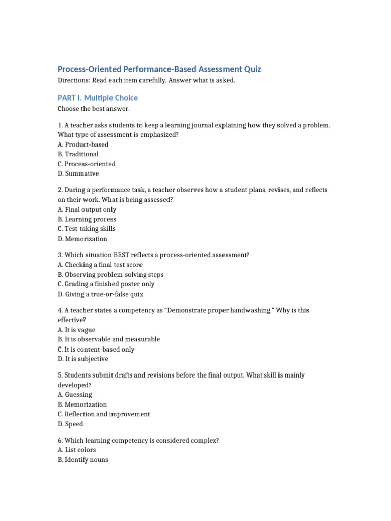 Process Oriented Performance Assessment Quiz-1 | PDF | Educational ...