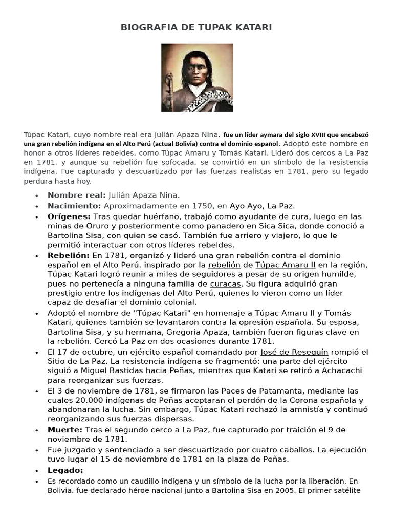Biografia de Tupak Katari | PDF | América del Sur