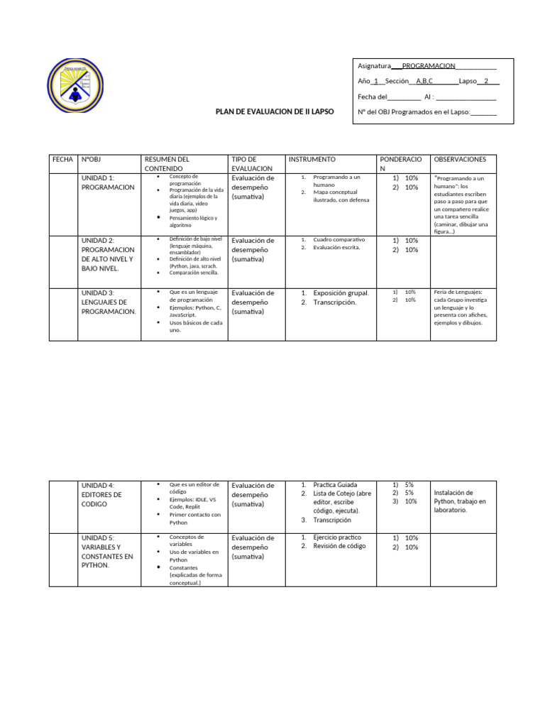 PLAN DE EVALUACION DE II LAPSO paln de evaluacion primer año | PDF ...