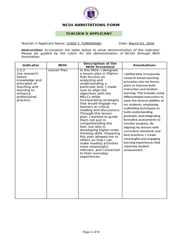 NCOI Annotations Form For Teacher V Applicant | PDF | Teachers | Learning