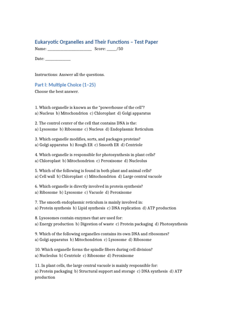 Eukaryotic Organelles Test | PDF | Cell (Biology) | Endoplasmic Reticulum