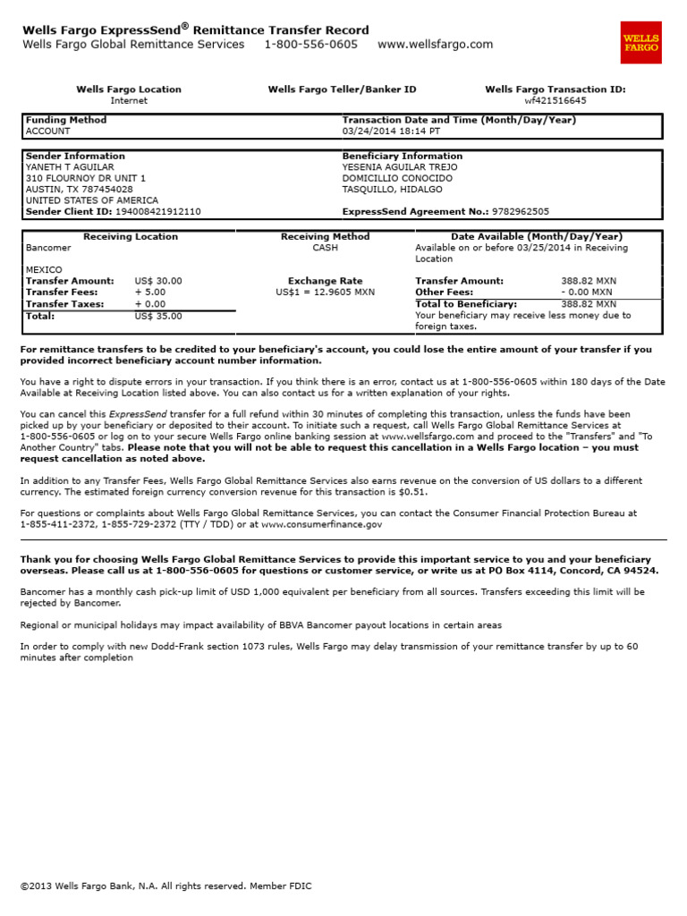 Wells Fargo Expresssend Remittance Transfer Record | PDF | Wells Fargo ...