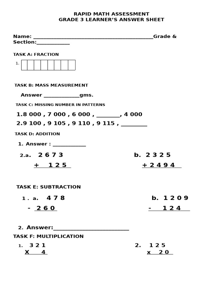 Rapid Math Assessment Answer Sheet | PDF