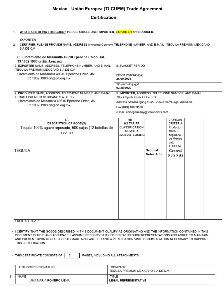 USMCA Certificate Format NEW | PDF