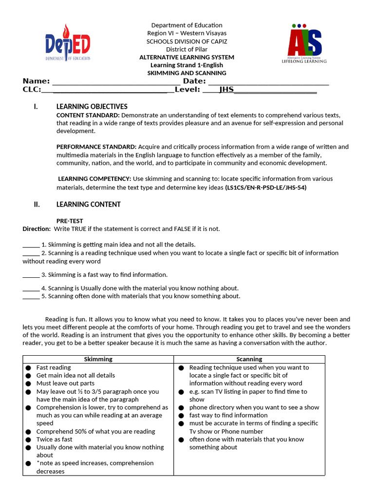 Skimming and Scanning | PDF | Speed Reading | Cognition