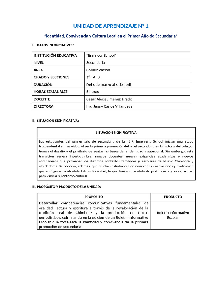 1° Sec - UNIDAD DE APRENDIZAJE N°1 - 2026 | PDF | Palabra | Aprendizaje