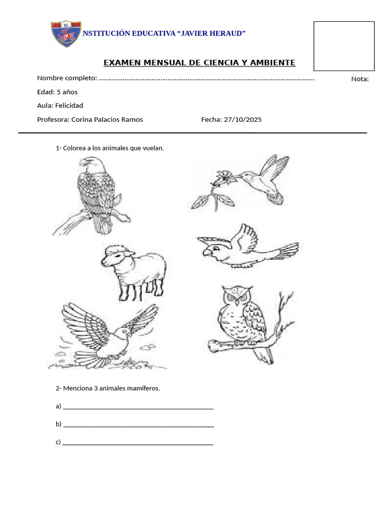 Examen Mensual de Ciencia y Ambiente Octubre 2025. | PDF