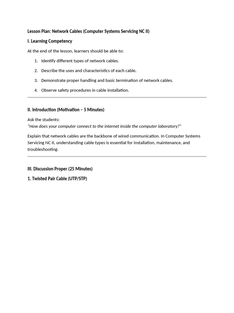 Lesson Plan - Network Cables Computer Systems Servicing NC II | PDF ...