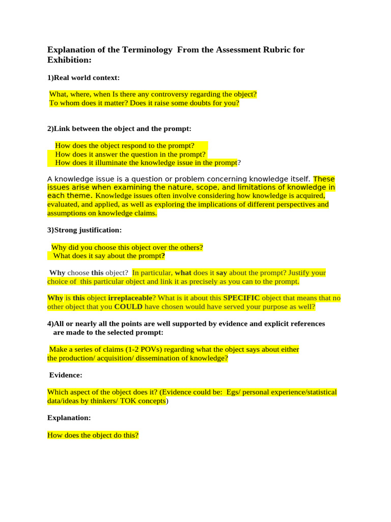 Exhibition Assessment Criteria Phrase Meanings | PDF | Knowledge | Evidence