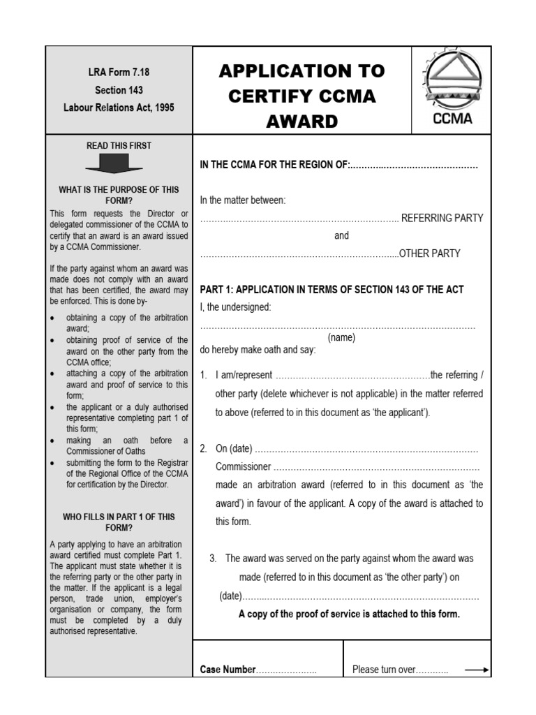LRA 7.18 Form - Application To Certify CCMA Award | PDF | Affidavit ...