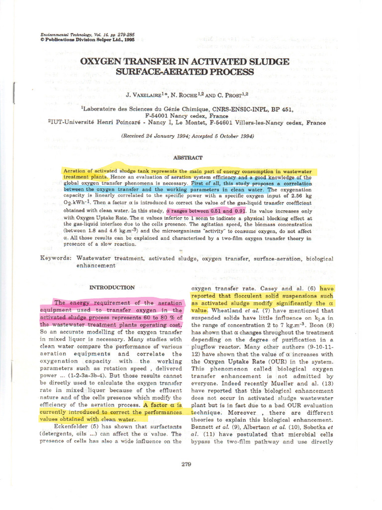 Oxygen Transfer in Activated Sludge Surface | PDF