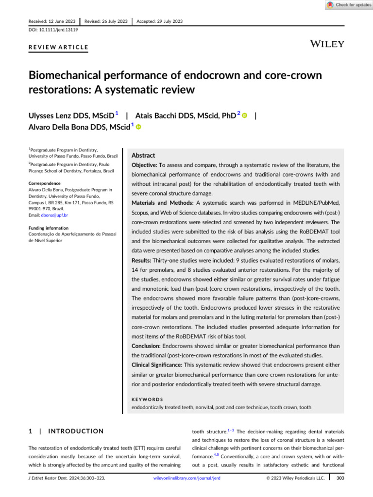 Biomechanical Performance of Endocrown and Core Crown Restorations A ...