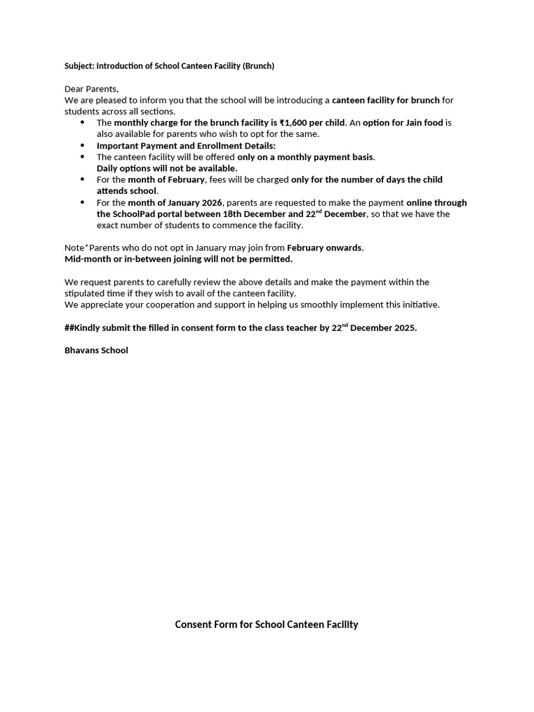 Circular 20251216132131 Consent Form - Canteen Letter To Parents | PDF