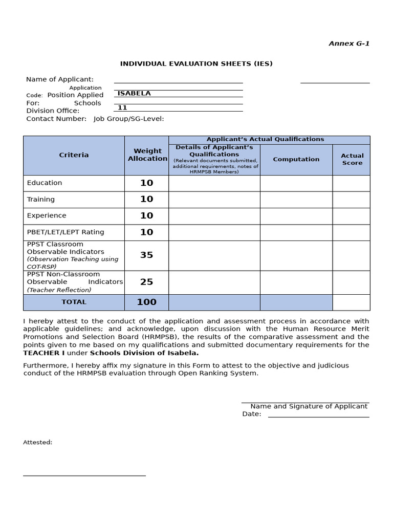 Annex G-1 IES Teacher I | PDF