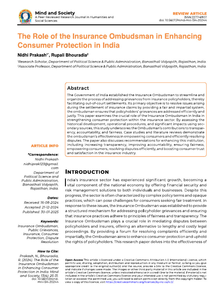 Role of Ombudsman in Enhancing Consumer Protection in India | PDF