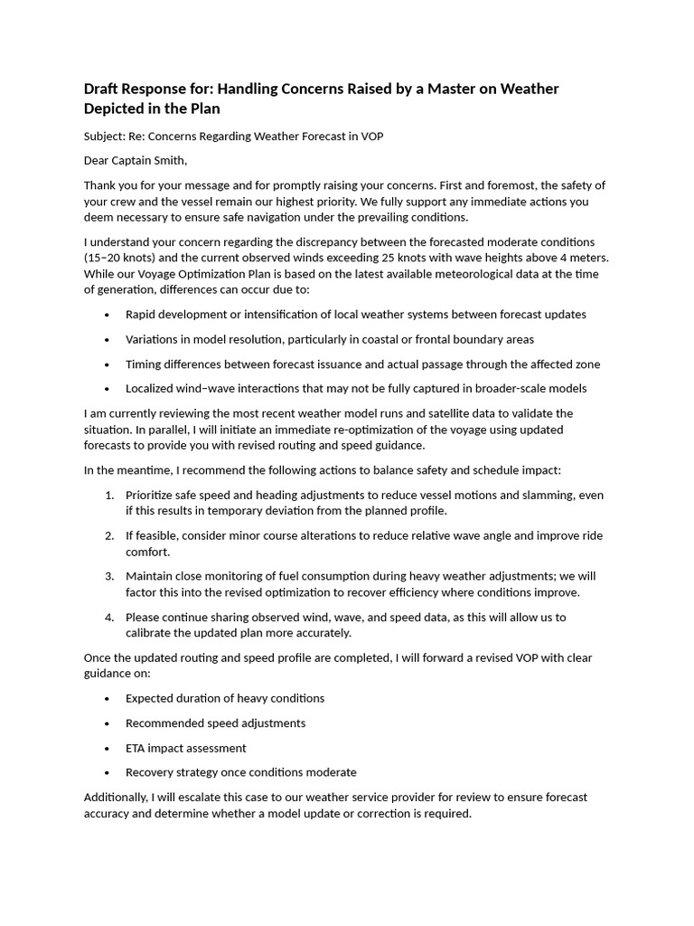Draft Response For Handling Concerns Raised by A Master On Weather ...