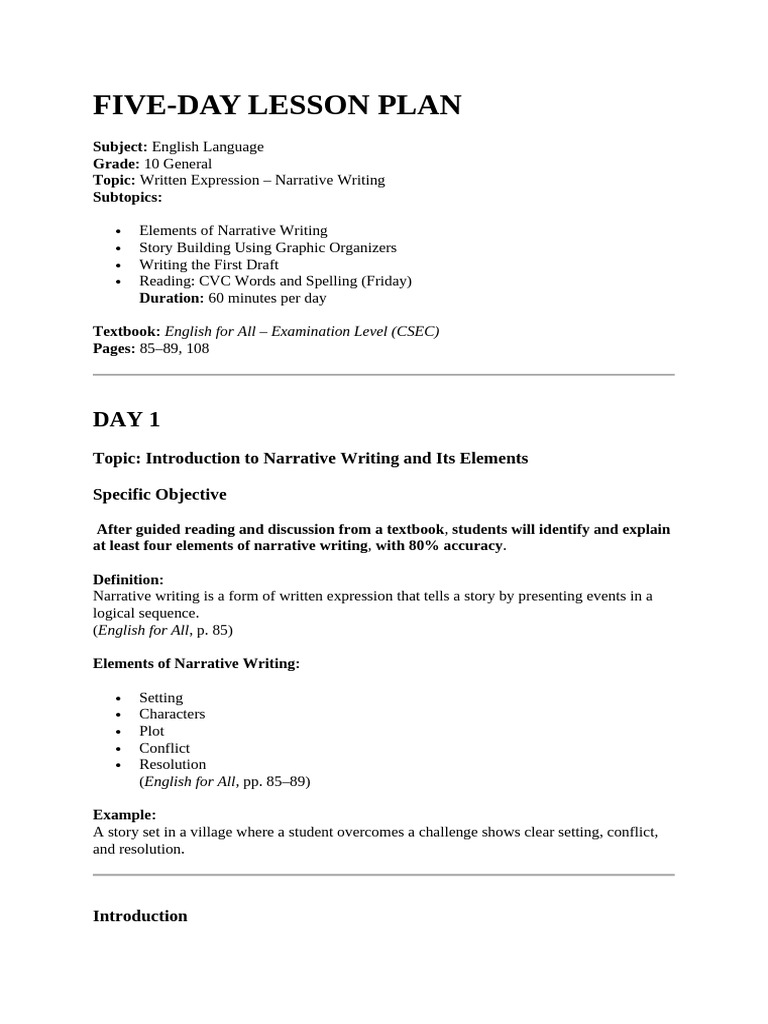 Grade - 10 English-A Lesson Plan For Week-6 | PDF | Narrative ...