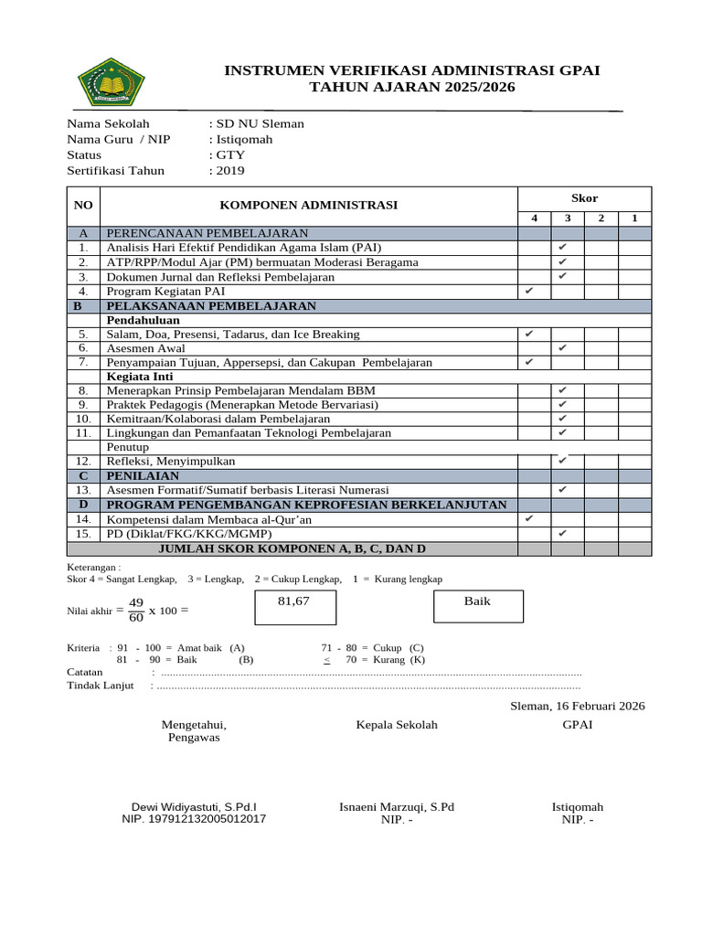 Instrumen Verifikasi Administrasi Gpai | PDF