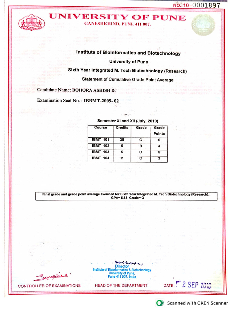 Ashish 1 Yr Integrated MTech Marksheet | PDF