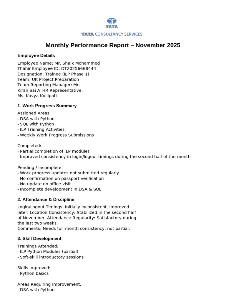 Monthly Performance Report Nov2025 | PDF