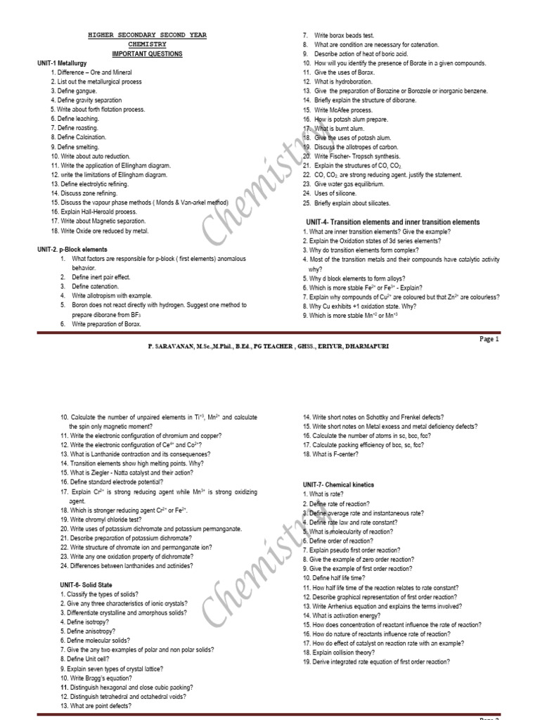15 Chemistry Unit Wise Imp Q | PDF | Transition Metals | Chemistry