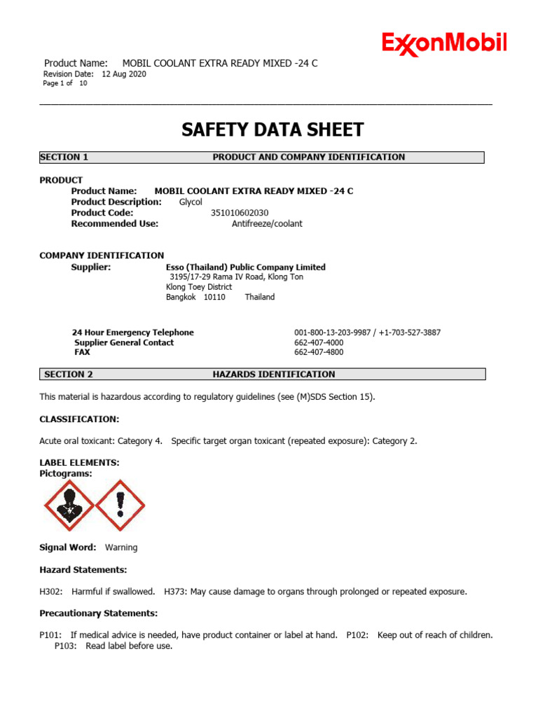 Mobil Coolant Extra Ready Mixed - 24 C (Eng) Msds | PDF | Waste ...