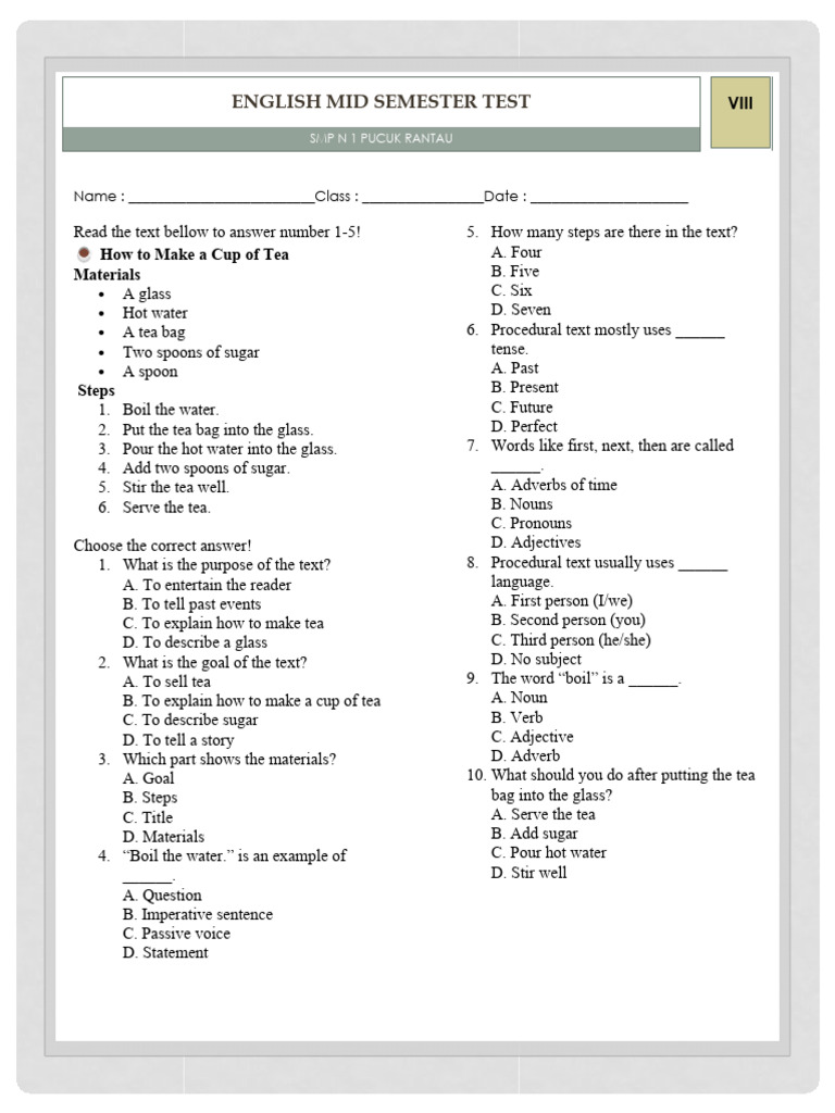English Mid Semester TEST Class 8 | PDF | Toothbrush | Adjective