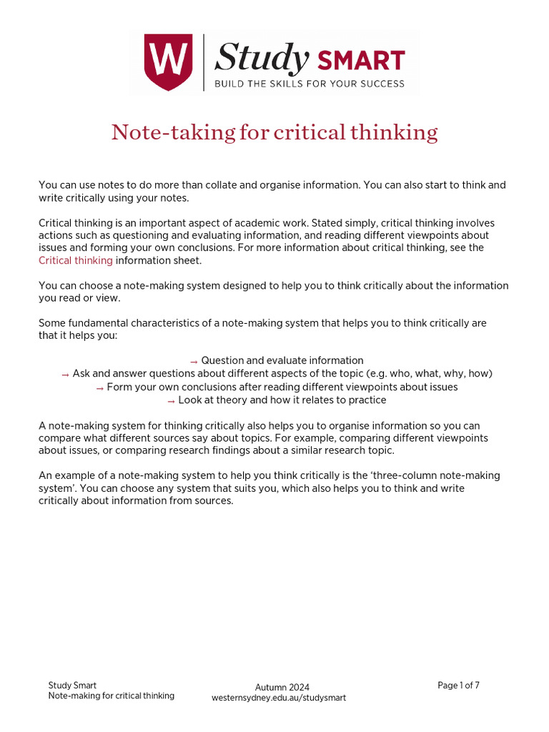 Note Making For Critical Thinking | PDF | Citation | Thought