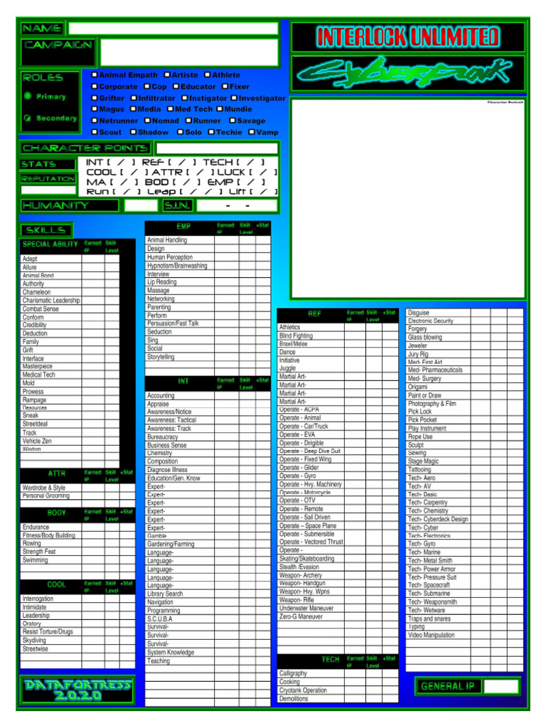 Datafortress 2020 - Interlock Unlimited - CP2020 Elite Character Sheet ...