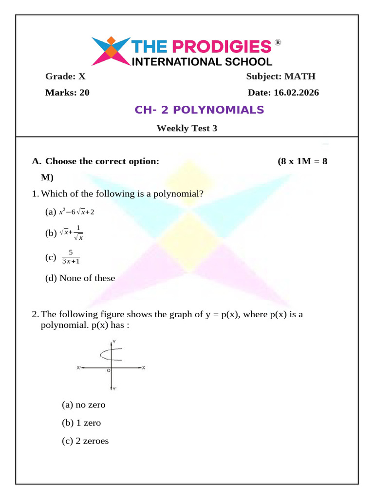G10 Ch-2 Polynomials Weekly Test 3 | PDF | Polynomial | Zero Of A Function