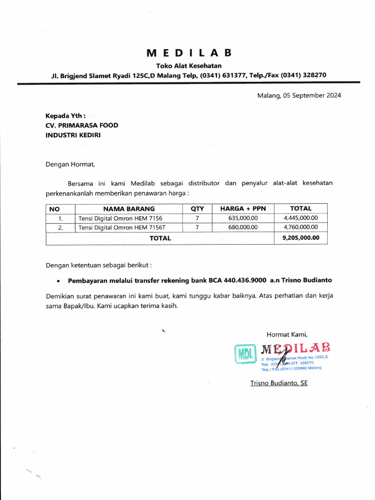 Surat Penawaran Harga CV. Prima Rasa Food | PDF