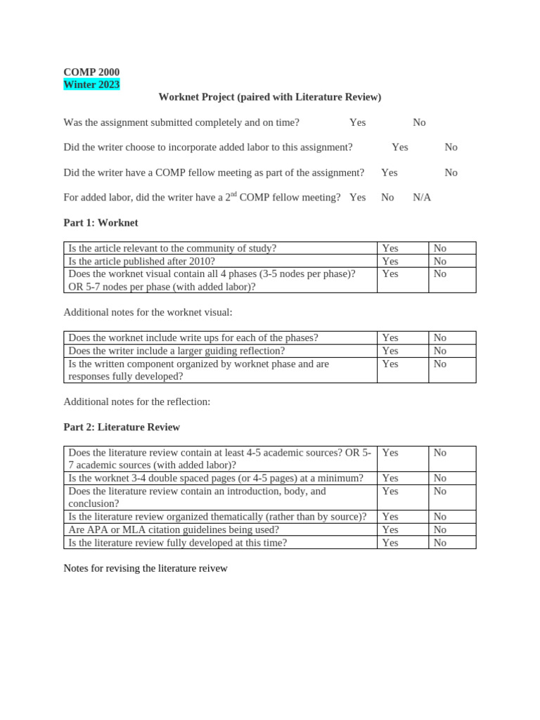 Worknet+and+Lit+Review Feedback+Sheet | PDF
