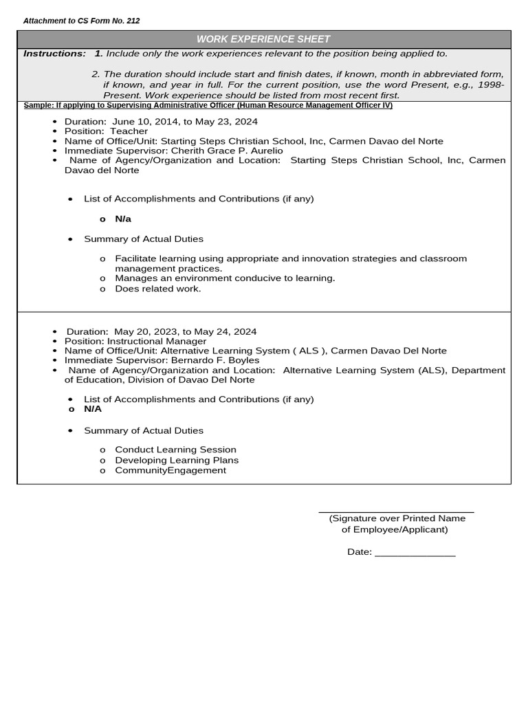 ANNEX H-2 - CS Form No. 212 Attachment - Work Experience Sheet | PDF